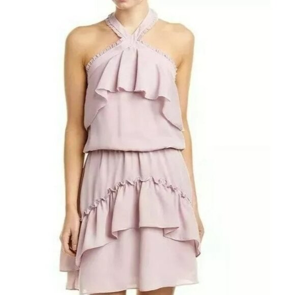 Parker Size S Dusty Blush Pink Sleeveless Ruffle Tiered Halter Mini Dress NWT - Picture 1 of 16